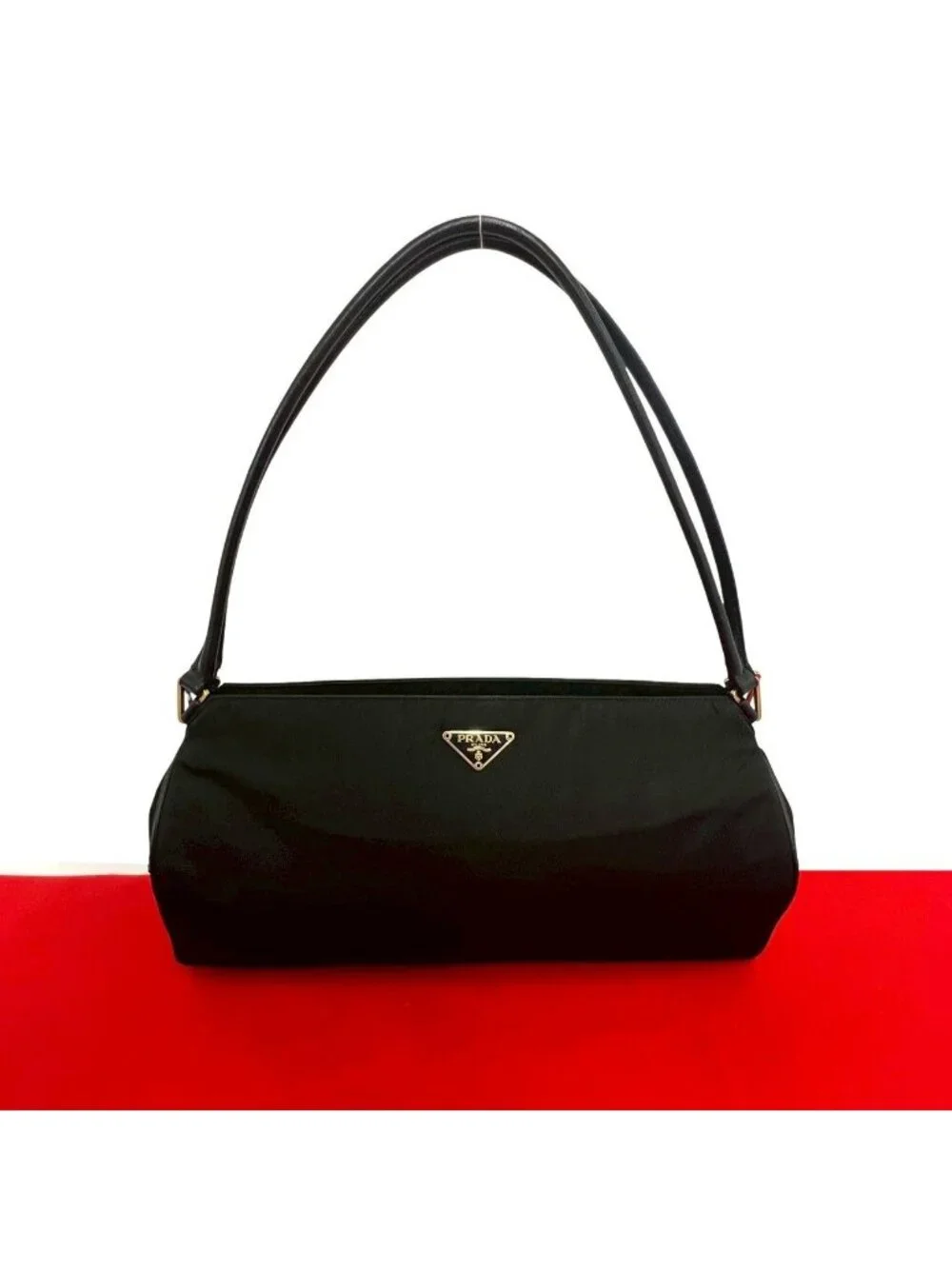 Prada Triangle Logo Nylon Leather Tote Shoulder Bag Black - Picture 1 of 10